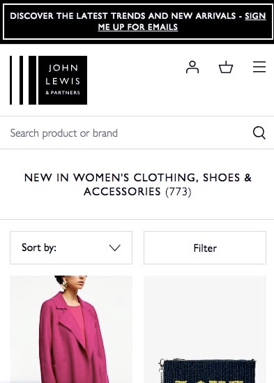 The John Lewis website on mobile with a burger menu in the tip right hand corner